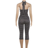 Women Spring Sexy Halter Neck U-Neck Tank Top and Polka Dot Cropped Pants Two-Piece Set