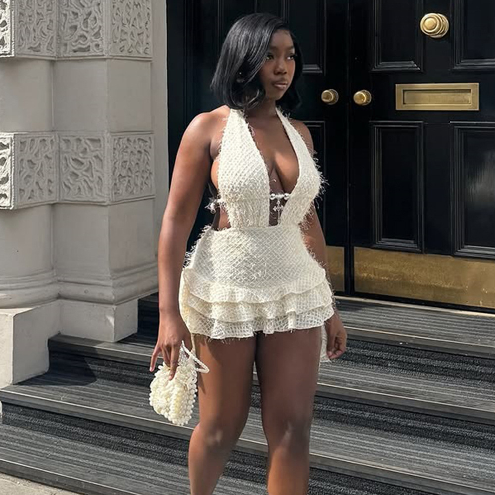 Hollow-Out V-Neck Lace-Up Backless Puff Dress for Summer