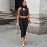 Women Solid Mock Neck Hollow-Out Tank Top and Cropped Pants Two-Piece Set
