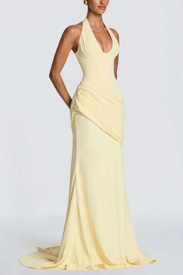 Solid Tie-Accent Sleeveless Backless Dress for Evening Wear