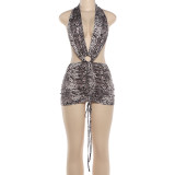 Women Summer Snake Print Sexy V-Neck Backless Bodycon Dress