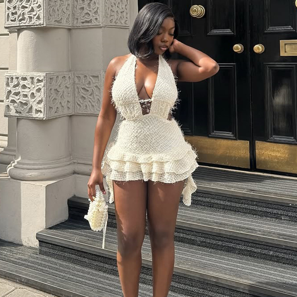 Hollow-Out V-Neck Lace-Up Backless Puff Dress for Summer