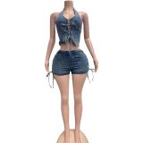 Women Fashion Sexy Halter Neck Lace-Up High Stretch Washed Denim Casual Two-Piece Shorts Set