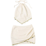 Women Spring Sexy Backless Tie-Accent Halter Neck Top and Skirt Two-Piece Set