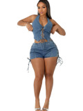 Women Fashion Sexy Halter Neck Lace-Up High Stretch Washed Denim Casual Two-Piece Shorts Set