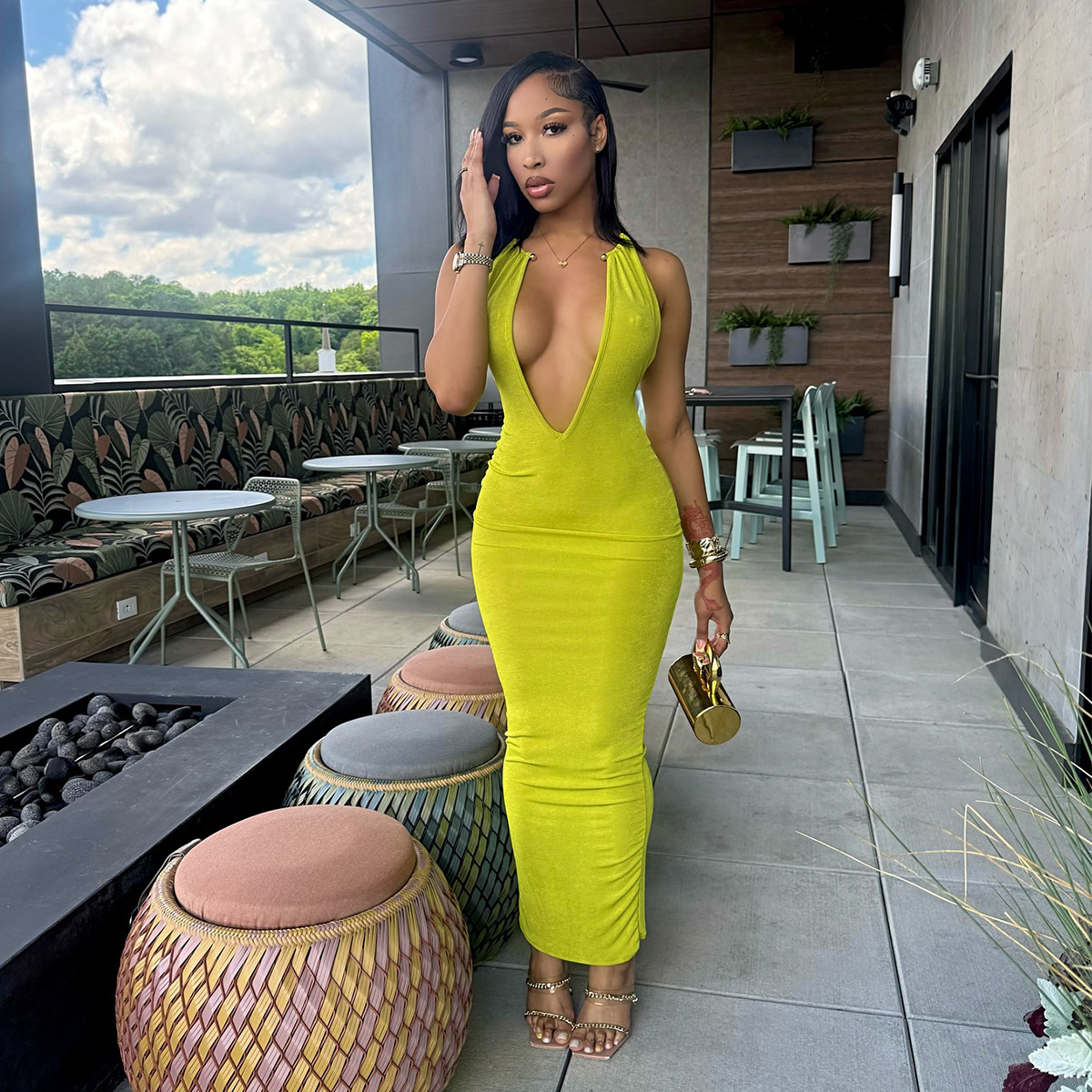 Metal Halter V-Neck Maxi Dress for Evening Parties
