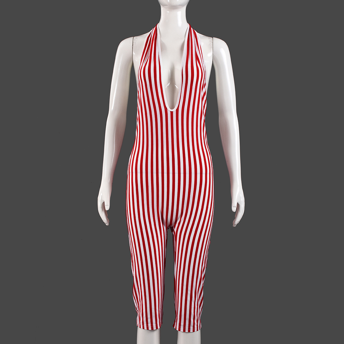 Striped Hollow-Out Backless Lace-Up Jumpsuit for Clubwear