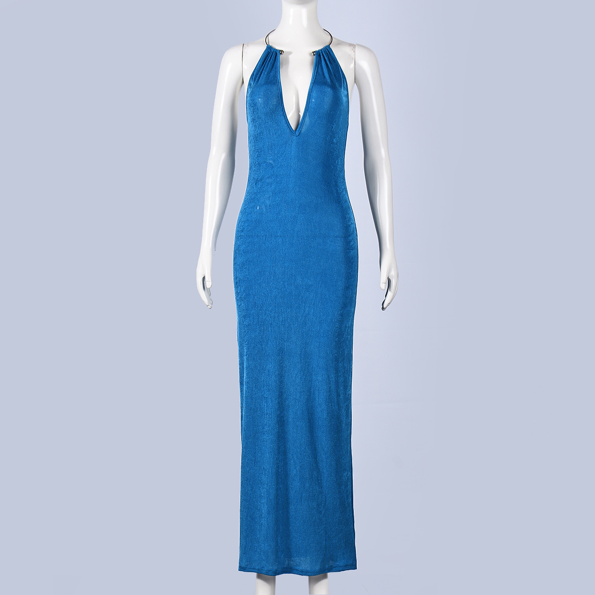 Metal Halter V-Neck Maxi Dress for Evening Parties