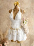 Women Fashion Beach Holidays Halter Neck Sexy Low-Cut Solid Ruffle Dress