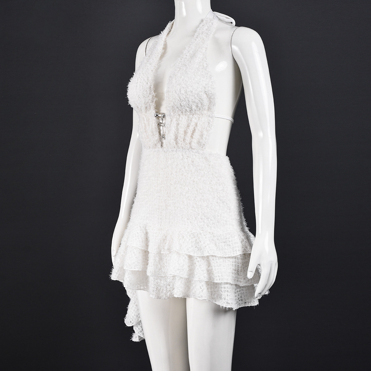 Hollow-Out V-Neck Lace-Up Backless Puff Dress for Summer