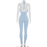 Women Backless Solid Ruffled Collar Halter Neck Lace-Up Jumpsuit