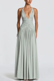 Women Solid Deep V Halter Neck Tie-Accent Sleeveless Split Dress