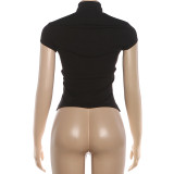 Women Summer High Neck Hollow-Out Solid Short Sleeve T-Shirt Top