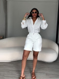Women Summer Turndown Collar Solid Casual Long Sleeve Shirt and Shorts Two-Piece Set