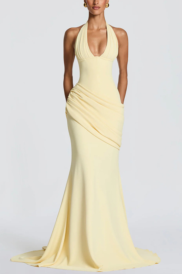 Solid Tie-Accent Sleeveless Backless Dress for Evening Wear