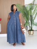 Women Summer Turndown Collar Pocket Denim Maxi Dress