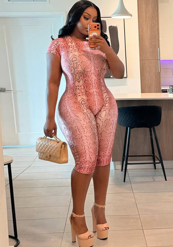 Summer Women Sexy Snake Print Short Sleeve Fitted Back Cutout Capri Jumpsuit