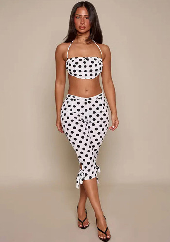 Summer Women Polka Dot Print Sleeveless Halter Neck Lace-Up Top & Capri Pants Set