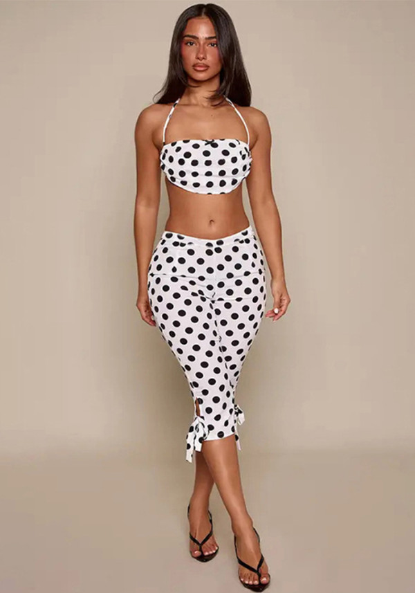 Summer Women Polka Dot Print Sleeveless Halter Neck Lace-Up Top & Capri Pants Set