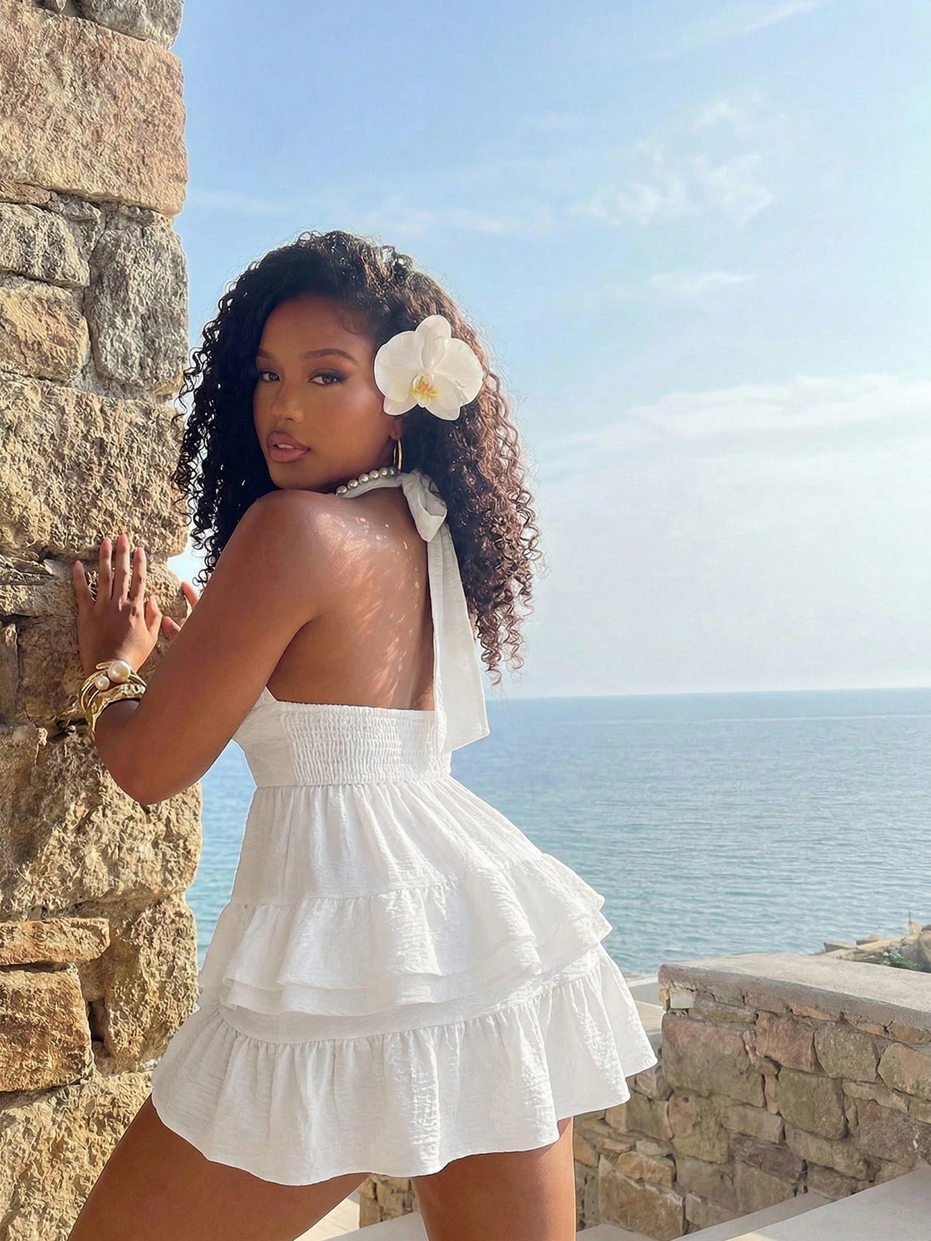 Solid Halter Low-Cut Ruffle Dress for Beach Holidays