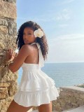 Women Fashion Beach Holidays Halter Neck Sexy Low-Cut Solid Ruffle Dress