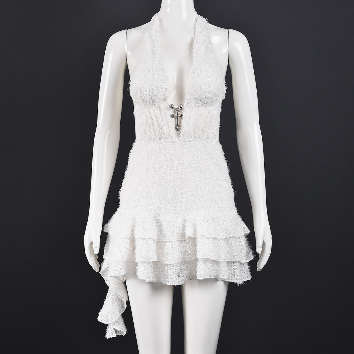 Hollow-Out V-Neck Lace-Up Backless Puff Dress for Summer