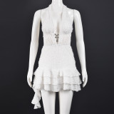 Women V-Neck Hollow-Out Neck-Tie Lace-Up Backless Puff Dress