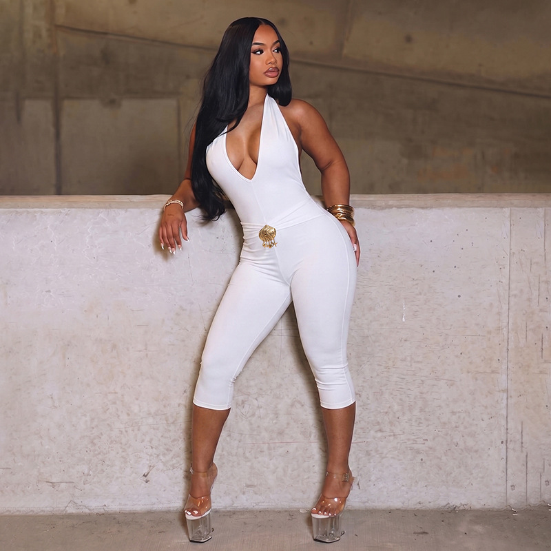V-Neck Halter Lace-Up Cropped Jumpsuit for Summer