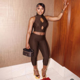 Women Solid Mock Neck Hollow-Out Tank Top and Cropped Pants Two-Piece Set