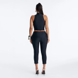 Women Solid Mock Neck Hollow-Out Tank Top and Cropped Pants Two-Piece Set
