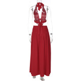 Women Summer Tie-Accent Halter Neck Backless Sexy Lace Patchwork Dress
