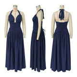 Women Solid Deep V Halter Neck Tie-Accent Sleeveless Split Dress