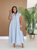 Women Summer Turndown Collar Pocket Denim Maxi Dress
