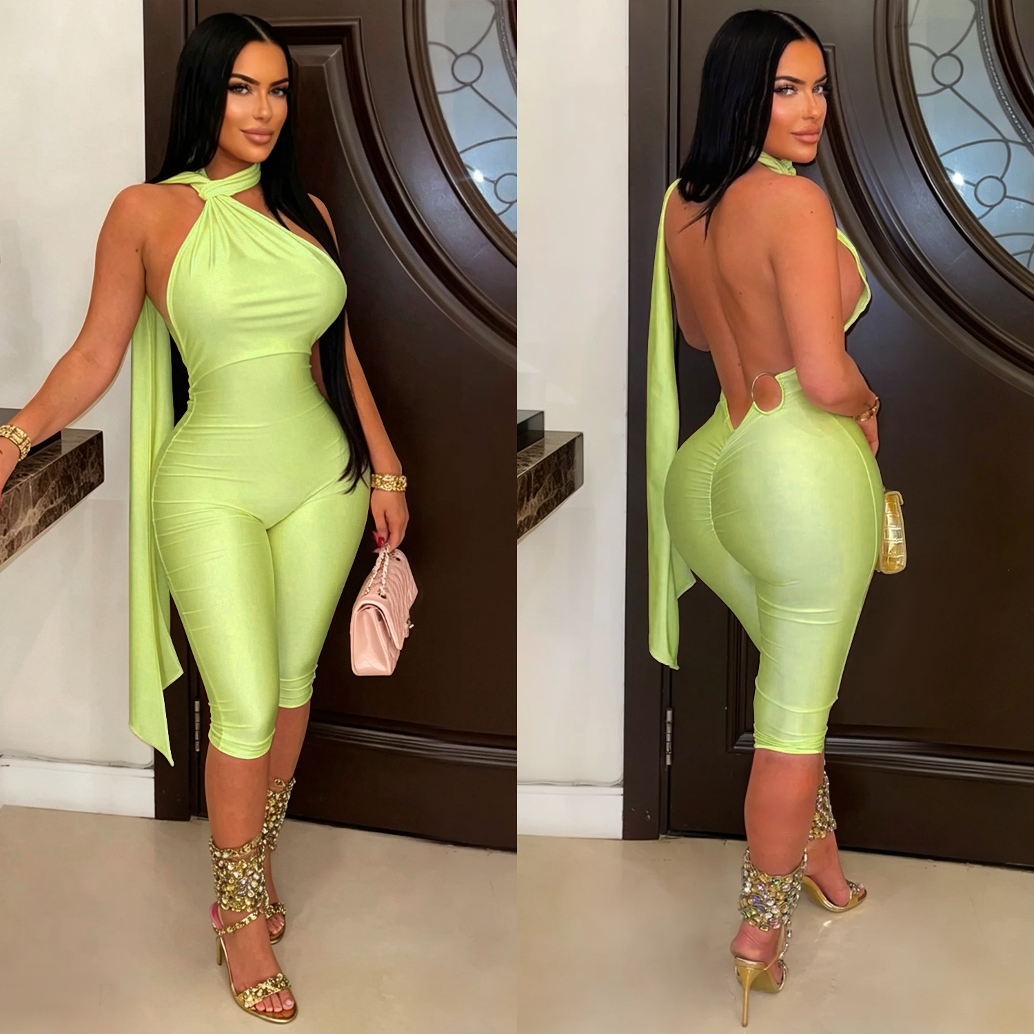Solid Backless Bodycon Jumpsuit for Casual Clubwear