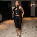 Women Solid Mock Neck Hollow-Out Tank Top and Cropped Pants Two-Piece Set