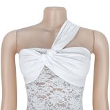 Women Sexy Lace Slash Shoulder Ribbon Bodycon Dress