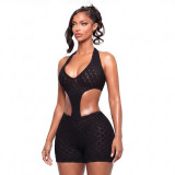 Women Sexy Hollow-Out Solid Halter Neck Lace-Up Backless Romper