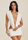 Summer Women Solid Sexy Deep V Sleeveless Low Back Halter Neck Ruched Dress