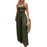 Summer Women Open Waist Halter Low Back Tie Loose Jumpsuit