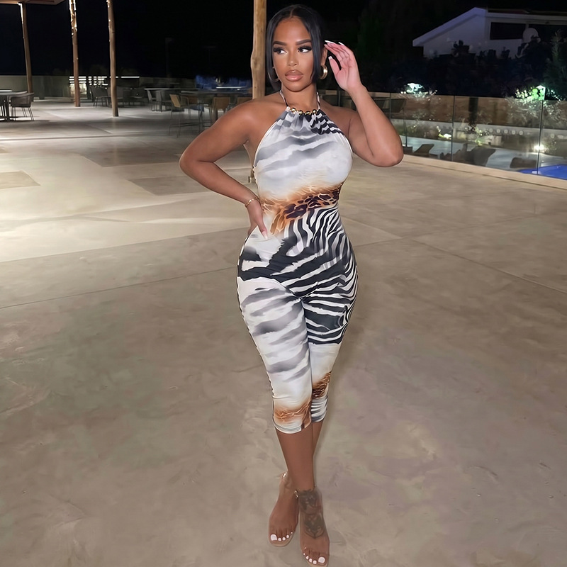 Printed Halter Backless Cropped Jumpsuit for Summer Casual