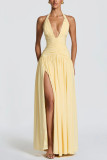 Women Solid Deep V Halter Neck Tie-Accent Sleeveless Split Dress