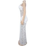 Women Sexy Lace Slash Shoulder Ribbon Bodycon Dress