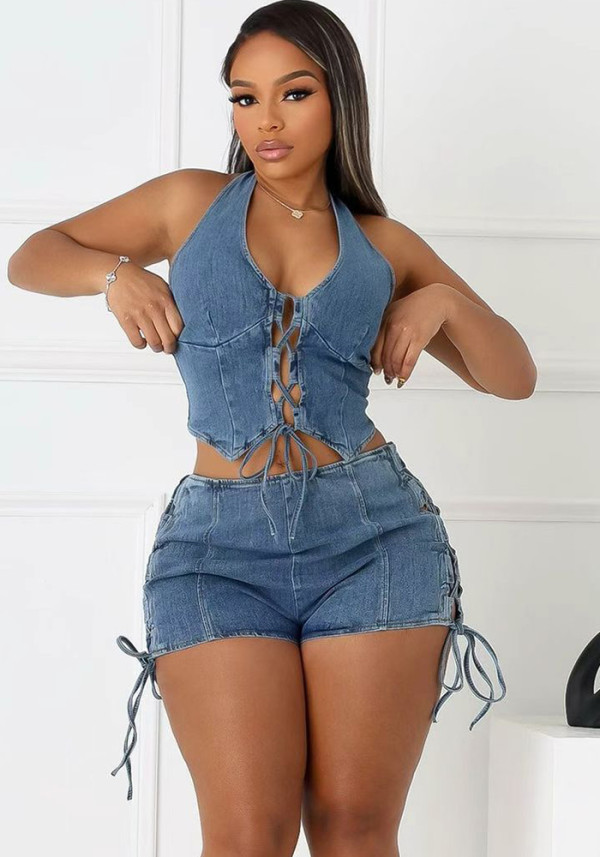 Women Fashion Sexy Halter Neck Lace-Up High Stretch Washed Denim Casual Two-Piece Shorts Set