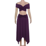 Women Spring Sexy Off-Shoulder Tank Top and Solid Irregular Midi Skirt Two-Piece Set