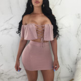 Women Solid Lace-Up Ruffle Top & Bodycon Mini Skirt Set