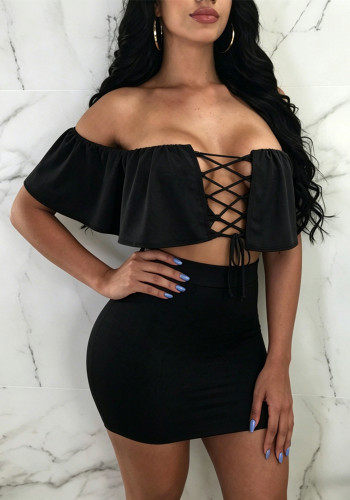 Women Solid Lace-Up Ruffle Top & Bodycon Mini Skirt Set