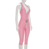 Women V-Neck Halter Neck Lace-Up Cropped Jumpsuit