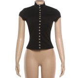 Women Summer High Neck Hollow-Out Solid Short Sleeve T-Shirt Top