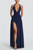 Women Solid Deep V Halter Neck Tie-Accent Sleeveless Split Dress