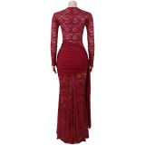 Women Sexy Round Neck Lace Long Sleeve Dress
